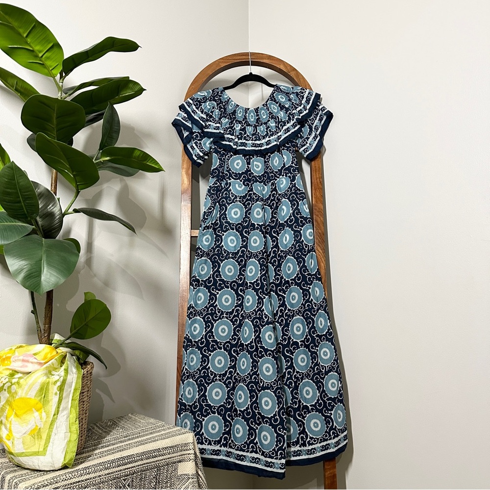 Anthropologie Kopal XS Suzani Blue White Off Shoulder Smocked Jumpsuit